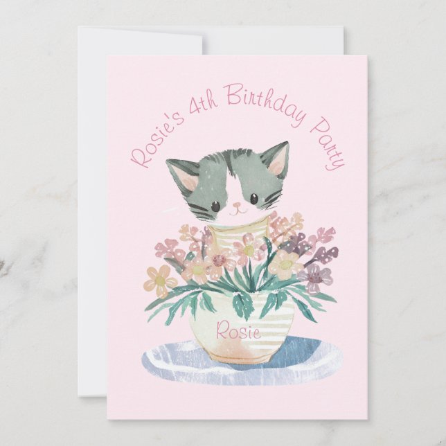 Invitation Joyeux Anniversaire Fille Kitten Nom Et Photo Rose (Devant)