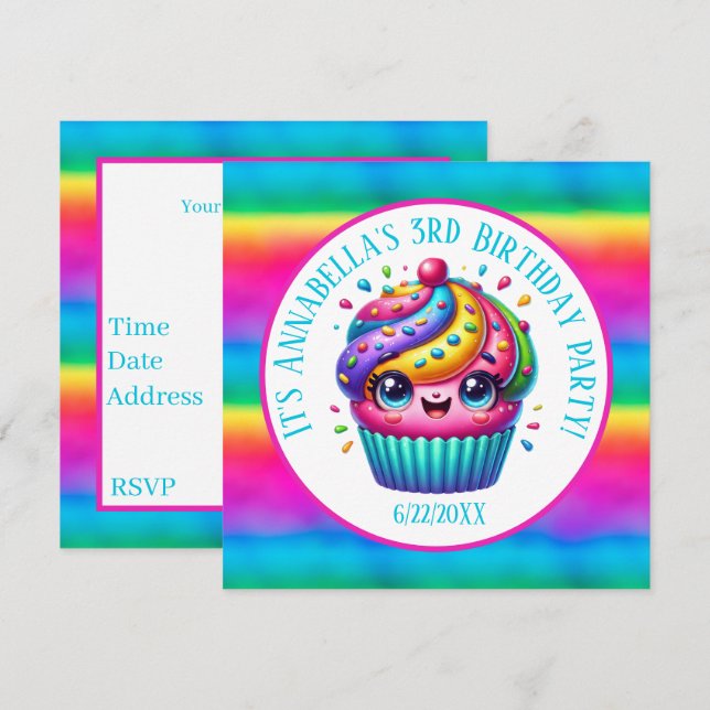 Invitation Joyeux anniversaire filles cupcake party ajouter n (Devant / Derrière)