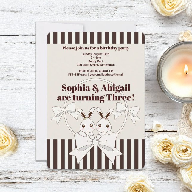 Invitation Joyeux Anniversaire Filles Jumelles Lapin Rayure C (Créateur téléchargé)