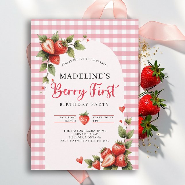Invitation Joyeux Anniversaire Fleur de Fraisier Gingham Été  (berry first birthday party invitation girls strawberry 1st watercolor summer farmhouse cottage patch)