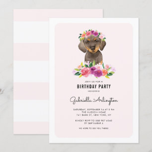 Invitation Joyeux Anniversaire Fleur Rose Aquarelle Dachshund