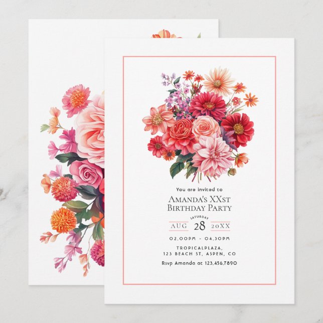 Invitation Joyeux Anniversaire Fleurs Éclatantes (Devant / Derrière)