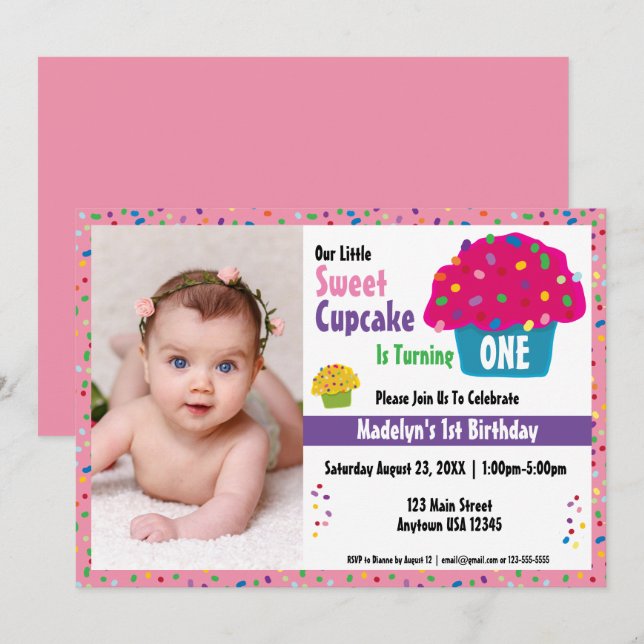 Invitation Joyeux Anniversaire Gâteau Glaçé avec Paillettes (Devant / Derrière)