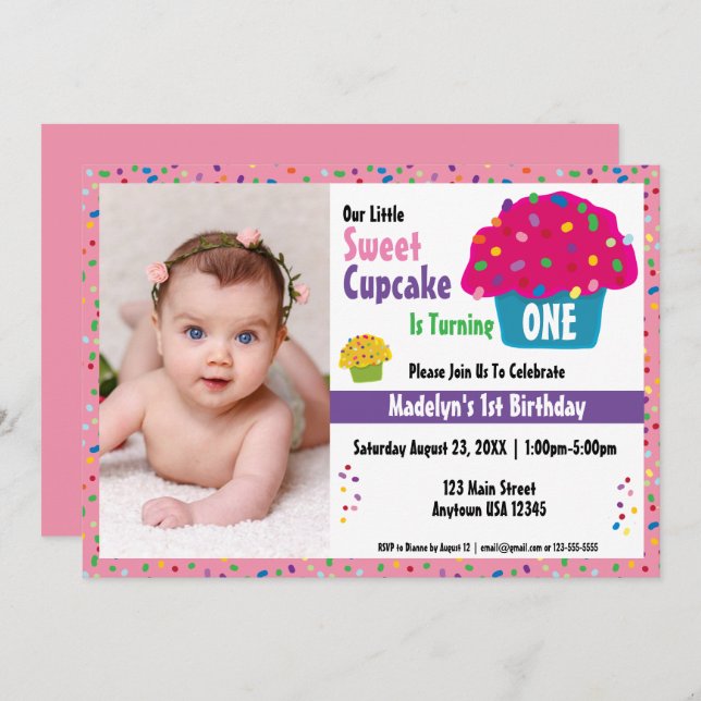 Invitation Joyeux Anniversaire Gelé Cupcake Sprinkles (Devant / Derrière)