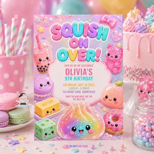 Invitation Joyeux Anniversaire Glittery Dumpling Squishy Fête (Rainbow Cute Glitter Dumpling Squishy Party Birthday Invitation )
