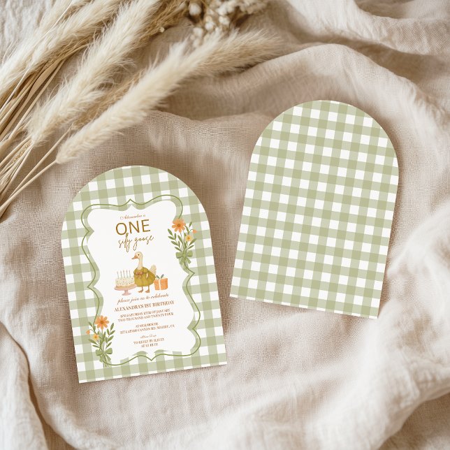 Invitation  Joyeux Anniversaire Green Gingham Silly Goose 1èr (Créateur téléchargé)