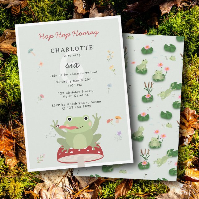 Invitation Joyeux Anniversaire Grenouille Mignonne Champignon (Cute Frog Hop Hop Hooray Mushroom Floral Birthday Invitation)