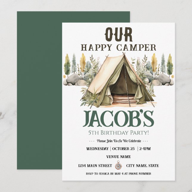 Invitation  Joyeux Anniversaire Happy Camper Kids 5 ans  (Devant / Derrière)