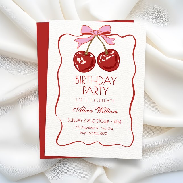Invitation Joyeux anniversaire jolie cerise rouge (Créateur téléchargé)