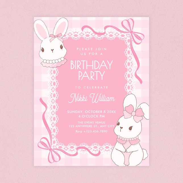 Invitation Joyeux anniversaire lapin à ruban rose mignon (Créateur téléchargé)