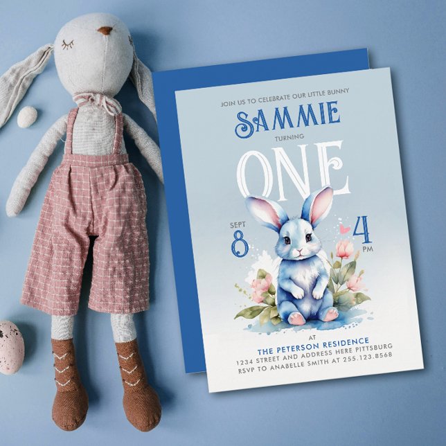 Invitation Joyeux Anniversaire Lapin Bleu Mignon Fleurs Aquar (Créateur téléchargé)
