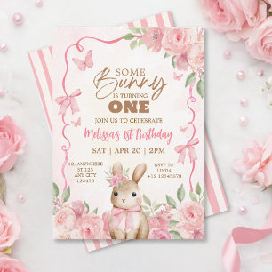 Invitation Joyeux Anniversaire Lapin Rose Pâle Floral