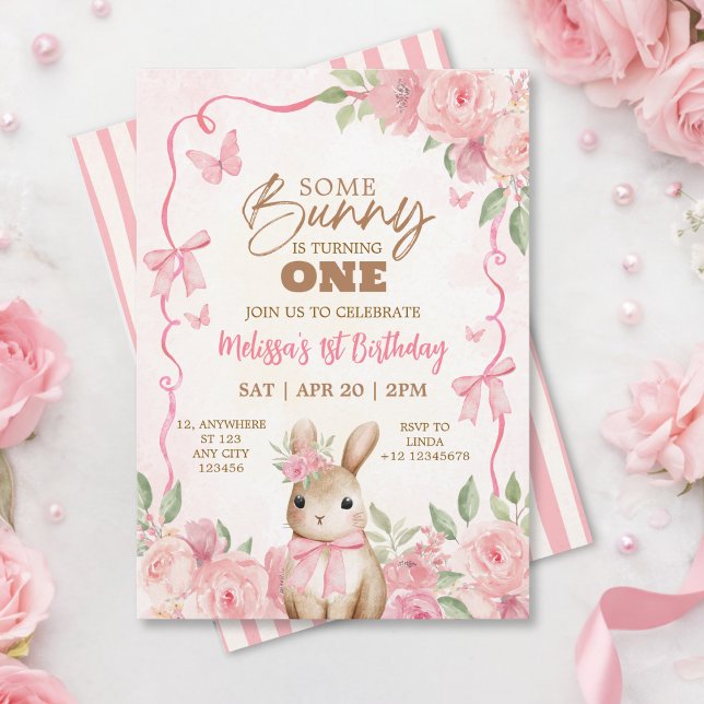 Invitation Joyeux Anniversaire Lapin Rose Pâle Floral  (Créateur téléchargé)