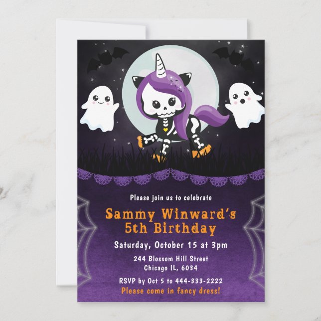 Invitation Joyeux anniversaire licorne Halloween et fantômes  (Devant)