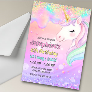 Invitation Joyeux anniversaire licorne rose aqua mignonne qui