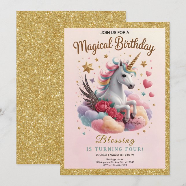 Invitation Joyeux Anniversaire Licorne Rose Mignonne (Devant / Derrière)