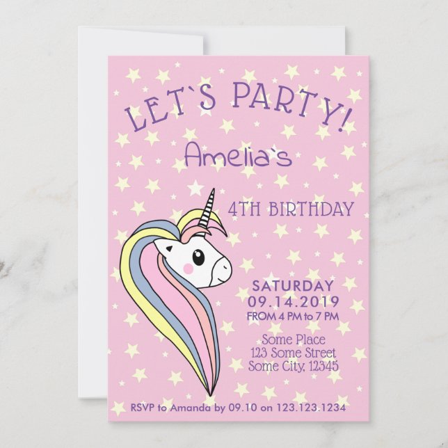 Invitation Joyeux Anniversaire Licorne Rose pour Fillettes (Devant)