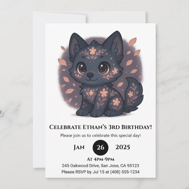 Invitation Joyeux Anniversaire Loup Floral Mignon (Devant)