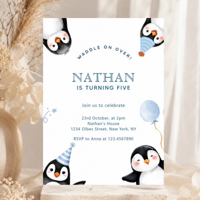 Invitation Joyeux Anniversaire Minimaliste Pingouin Aquarelle (penguin birthday invitation, penguin party invite, winter birthday invitation, minimalist birthday i)