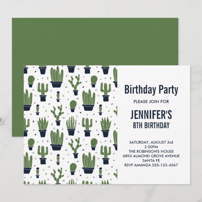 Invitation Joyeux Anniversaire Motif de Cactus Verts Mignons  (Devant / Derrière)