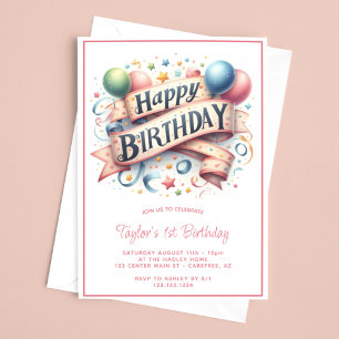 Invitation Joyeux anniversaire Pastel Balloons 1er anniversai