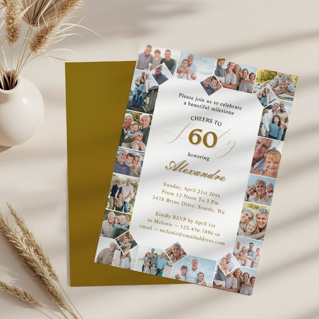 Invitation Joyeux Anniversaire pour 60 Ans de Vie Photo Colla (Happy Birthday Cheers To 60 Years Photo Collage Invitation)