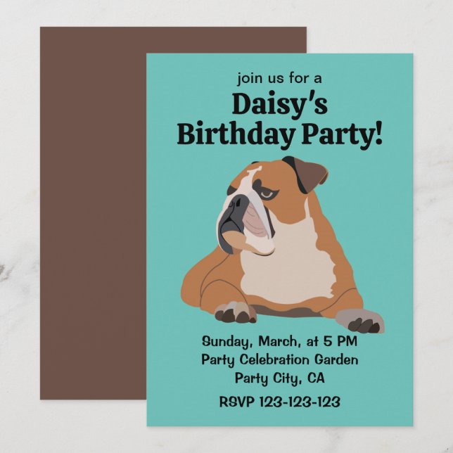 Invitation Joyeux anniversaire pour un mignon Bouledogue Angl (Devant / Derrière)
