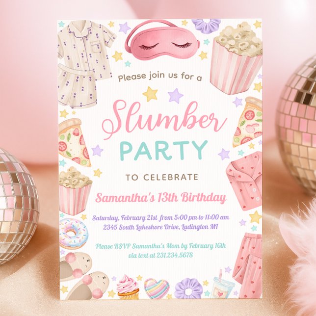 Invitation Joyeux Anniversaire pour une Fille de Fête Pyjama  (Cute Slumber Party Girl Birthday Invitation)