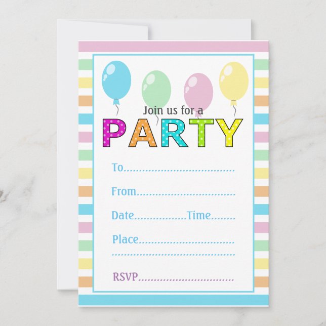 Invitation Joyeux Anniversaire Rayures Pastel Et Ballons (Devant)