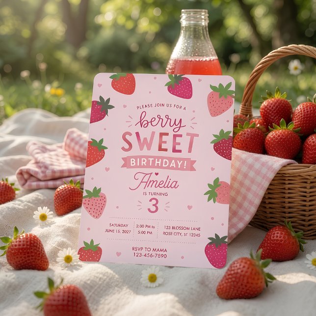 Invitation Joyeux Anniversaire Rose Fraise Sucrée  (Créateur téléchargé)