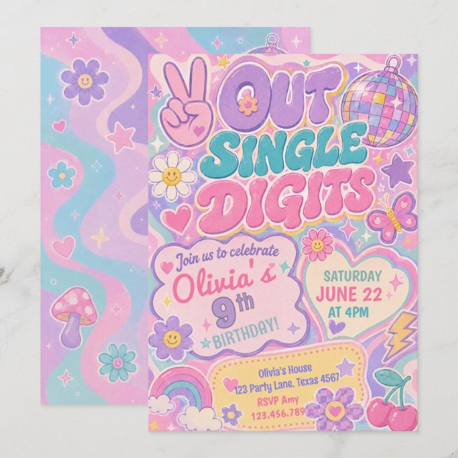 Invitation Joyeux Anniversaire Simple Chiffres Groovy (Devant / Derrière)