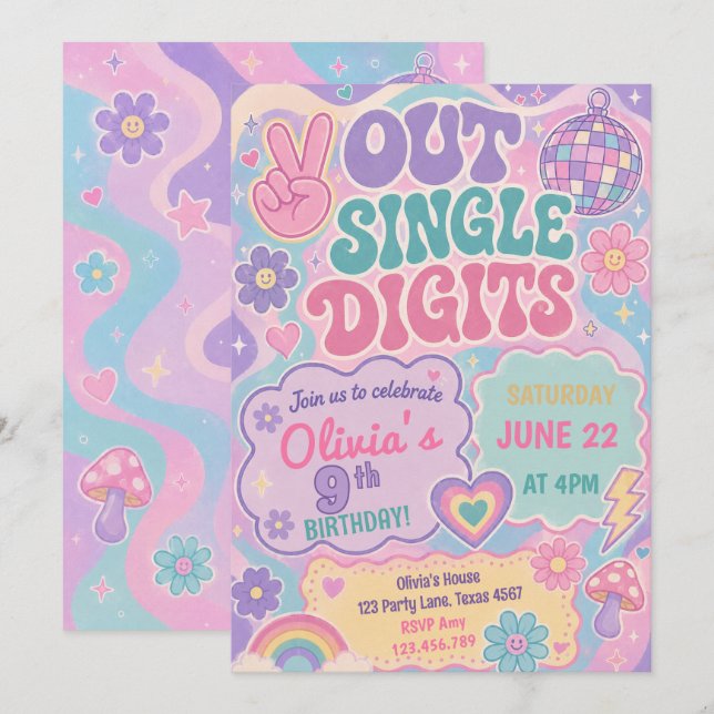Invitation Joyeux Anniversaire Simple Chiffres Groovy Rétro (Devant / Derrière)