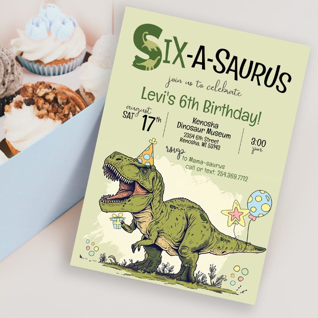 Invitation Joyeux Anniversaire Six-A-Saurus Dinosaure TRex 6  (Cute Cartoon T-Rex Dinosaur wearing birthday hat, Six-A-Saurus sixth 6th birthday party invitation)