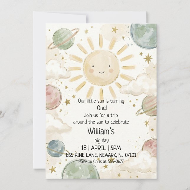 Invitation Joyeux Anniversaire Soleil Pastel Aquarelle Célest (Devant)