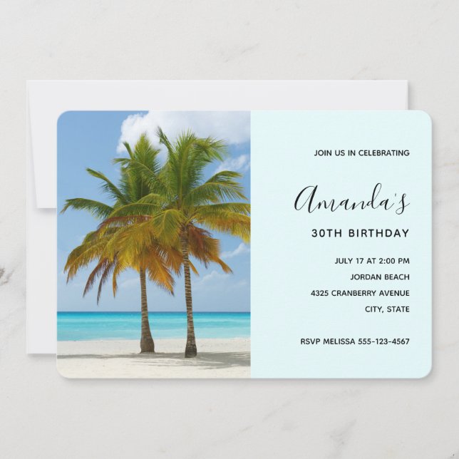 Invitation Joyeux Anniversaire sous de Beaux Palmiers sur une (Devant)