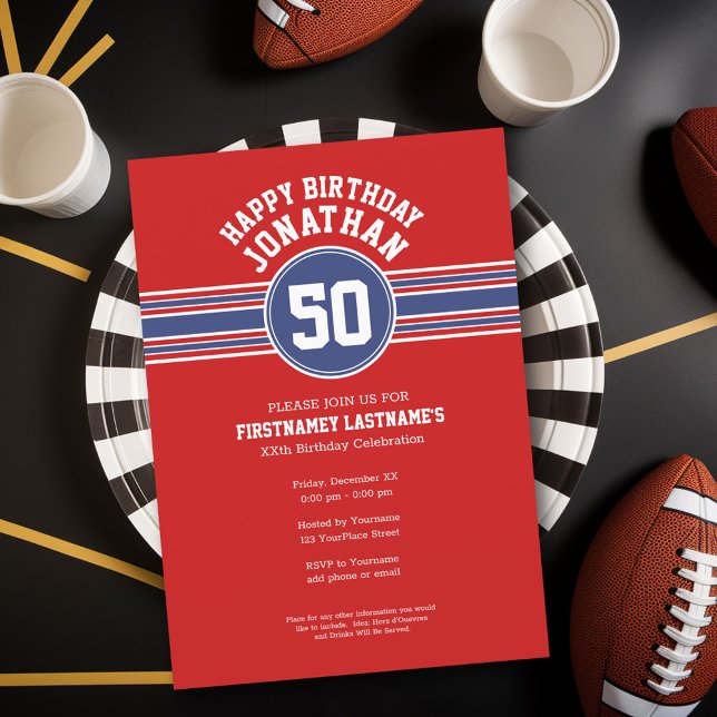 Invitation Joyeux Anniversaire Sports avec l'âge - Rouge Bleu (Birthday Party Invitation - Sports Theme - Football Party Invitation)