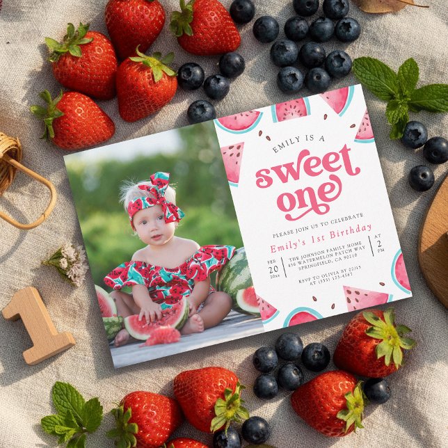 Invitation Joyeux Anniversaire Sweet One Pastèque Filles Phot (Créateur téléchargé)