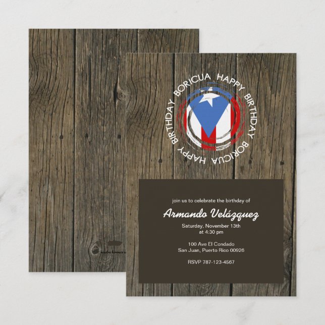 Invitation Joyeux Anniversaire Thème Boricua sur Bois Rustiqu (Devant / Derrière)
