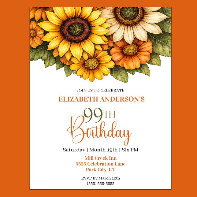 Invitation Joyeux Anniversaire Tournesol 99 ans (Pretty Sunflower 99th Birthday Invitation For Women.)