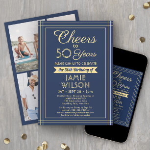 Invitation Joyeux Anniversaire Toute Année Bleu Nuit & Or 4 P