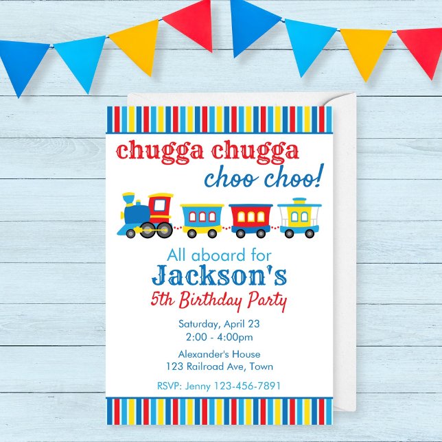 Invitation Joyeux Anniversaire Train Mignon (Invitation for a train birthday party with a cute train illustration in primarty colors)