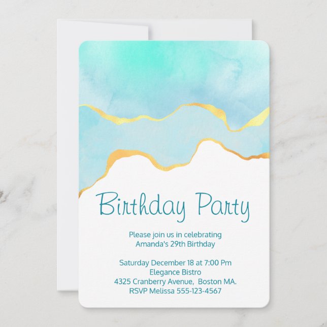 Invitation Joyeux Anniversaire Tropical Vert avec Bordure Dor (Devant)