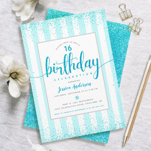 Invitation Joyeux anniversaire turquoise paillettes points éc