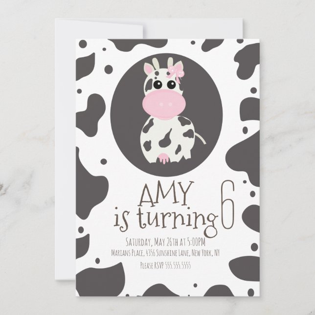 Invitation Joyeux Anniversaire Vache Mignonne Ruban Rose (Devant)