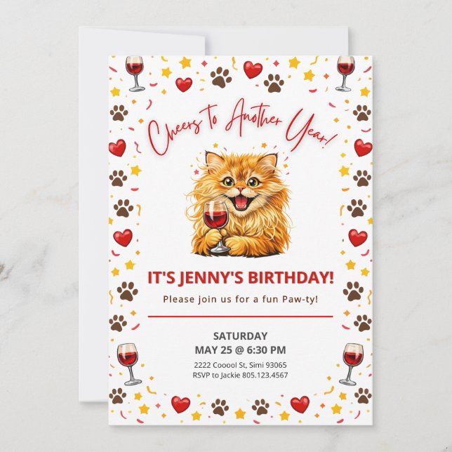 Invitation Joyeux Anniversaire Vin Chat Félicitations pour un (Devant)