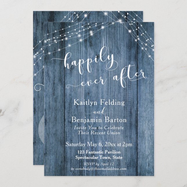 Invitation Joyeux après avec Rustic Blue Wood & Lights (Devant / Derrière)