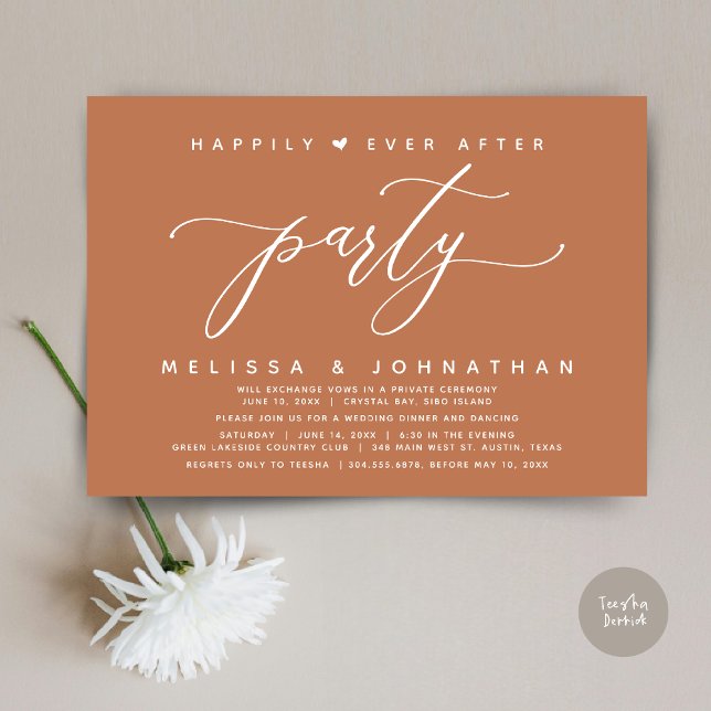 Invitation Joyeux Après La Fête, Dîner Mariage Cuivre (Modern Romantic Wedding Elopement Happily Ever After Dinner Party Invitation Card, PDF, Copper)