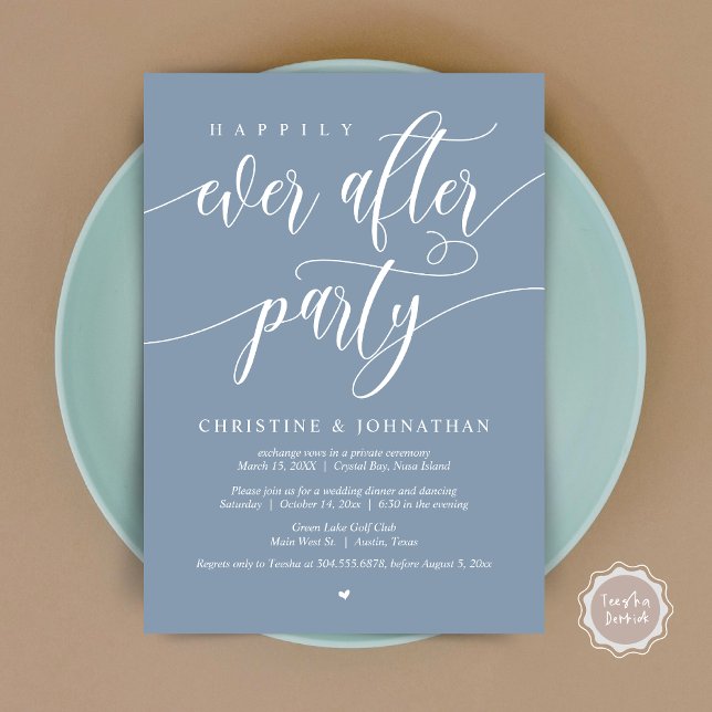 Invitation Joyeux Après La Fête, Dîner Mariage Elopement (Happily Ever After Party, Wedding Elopement Dinner Invitation Card, PDF, in Dusty Blue)