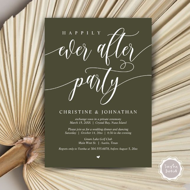 Invitation Joyeux Après La Fête, Dîner Mariage Elopement (Happily Ever After Party, Wedding Elopement Dinner Invitation Card, PDF, in Olive Green)