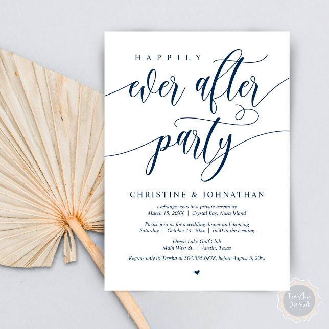 Invitation Joyeux Après La Fête, Dîner Mariage Elopement (Happily Ever After Party, Wedding Elopement Dinner Invitation Card, PDF, in Navy Blue)